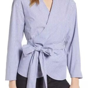 J. Crew Striped Cotton Wrap Top Long Sleeves Size Large Blue & White Striped